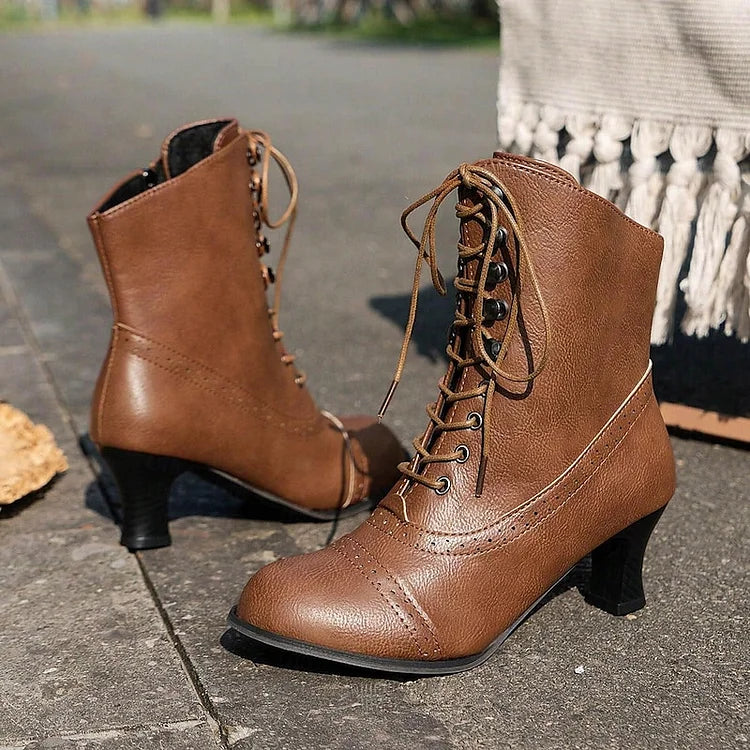 Viktorianske Mid-Heel Støvler med Snørebånd og Lynlås