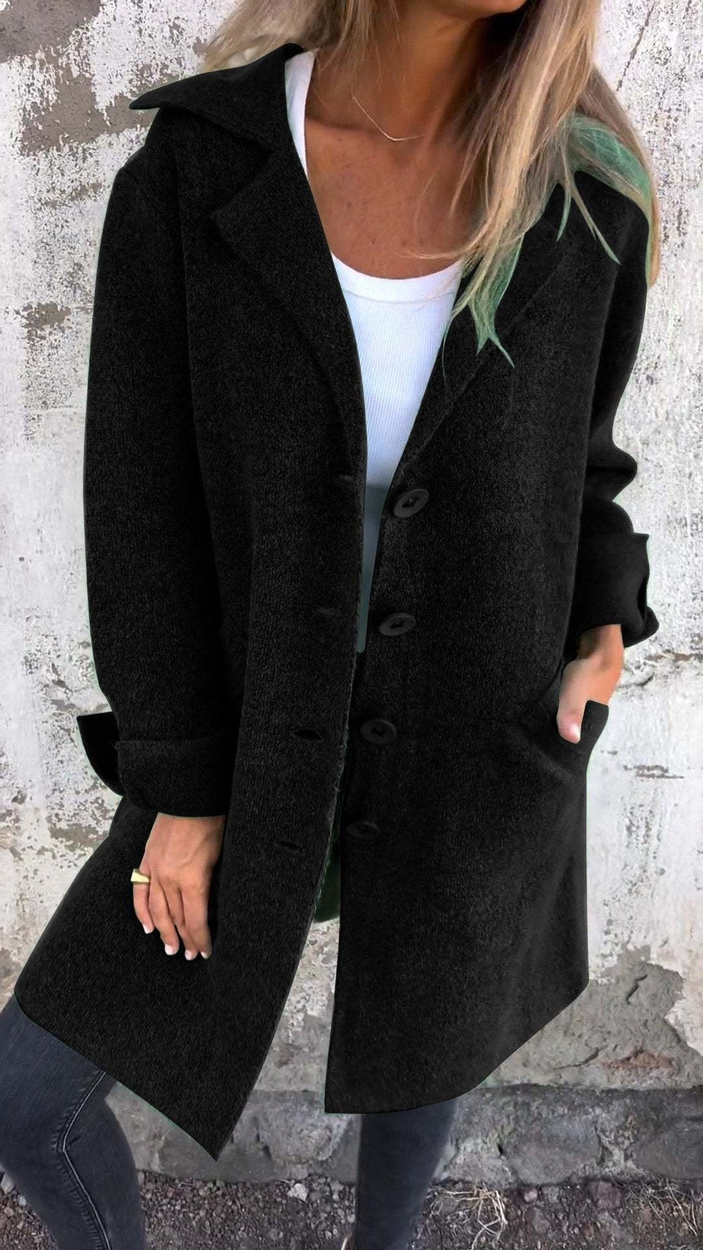 Casual Uldfrakke med Revers – Lang og Elegant