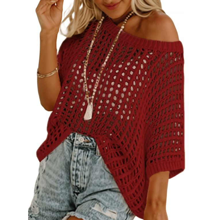Sommertrøje til Kvinder – Scoop Neck med Hule Crochet-Detaljer