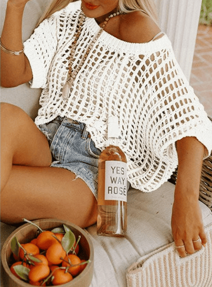 Sommertrøje til Kvinder – Scoop Neck med Hule Crochet-Detaljer