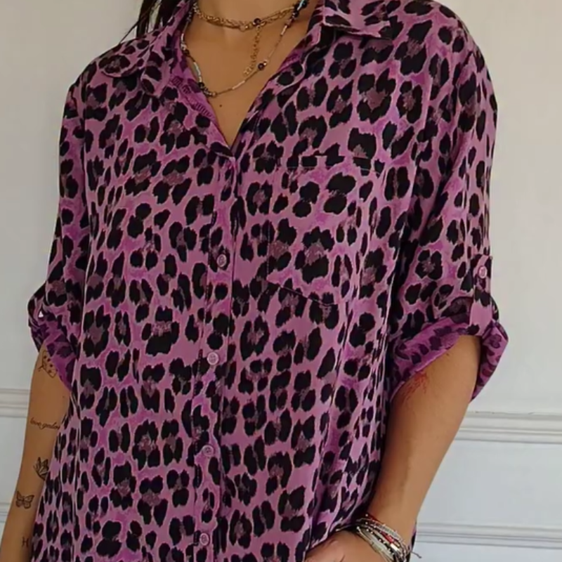 Stilfuld Skjorte med Leopardprint og Justerbar Ærme