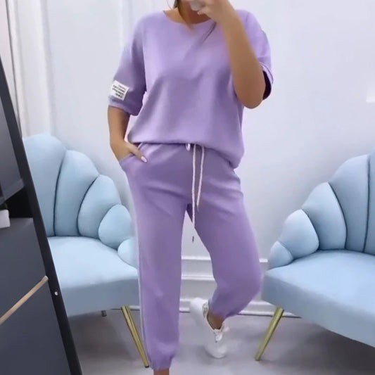 Dame Sæt – Casual Top & Bukser i Ensfarvet Design