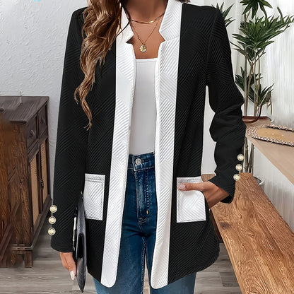 Damejakke – Stilfuld Color Blocking med Åben Front